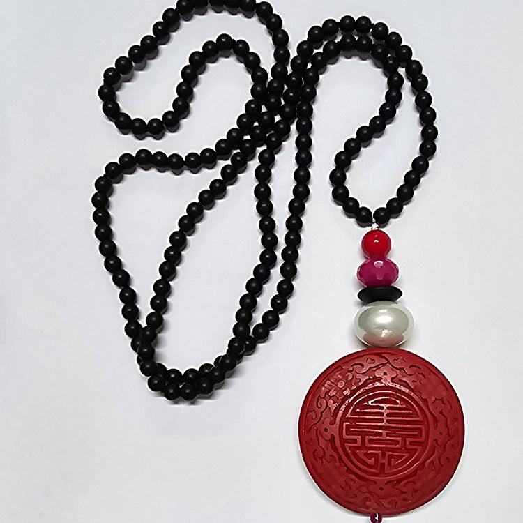 ONYX BEAD NECKLACE RED CINNABAR LONGEVITY SYMBOL DISC