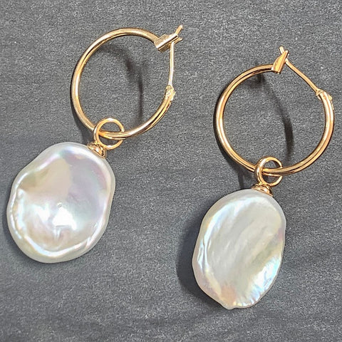 MOKO EARRINGS 18CT GOLD PLATED HOOP WITH NATURAL PEARL