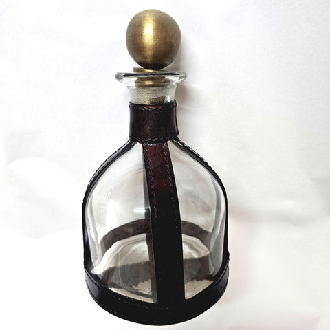LEATHER BOUND DECANTER WITH BRASS STOPPER