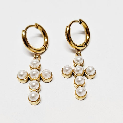 LUNA AND MAC EARRINGS CROSS WITH PEARLS SLEEPERS