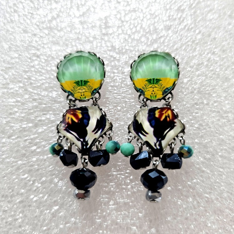 AYALABAR EARRINGS BLUE WHITE ON MUTED AQUA YELLOW STUD