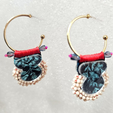 AYALABAR EARRINGS BLUE FABRIC AND BEADS ON OPEN GOLD HOOPS WITH RED