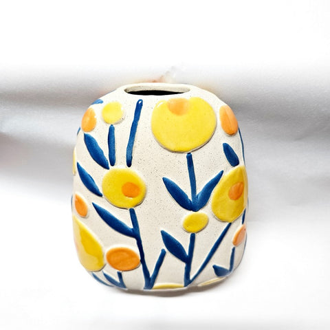 JONES AND CO YELLOW AND BLUE FLOWER POP VASE