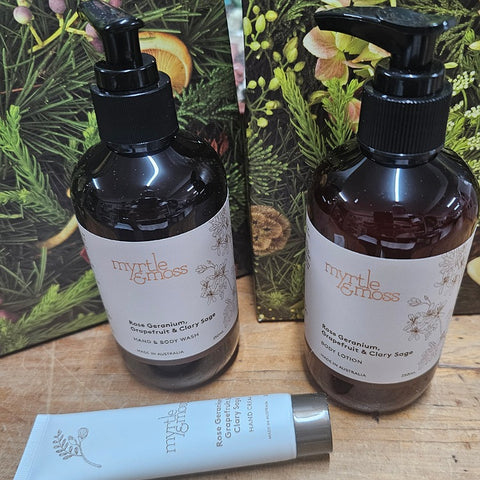 ROSE GERANIUM TRIO HAND WASH, BODY LOTION, MINI HAND CREAM