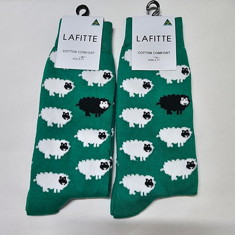 AUSSIE COTTON SOCKS SIZE 6 - 11 [DESIGN:GREEN SHEEP]