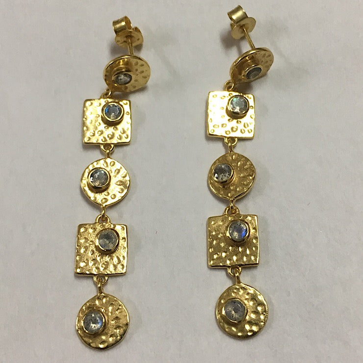 GOLD PLATED DROP EARRINGS WITH LABORADITE ON DISCS & SQUARES
