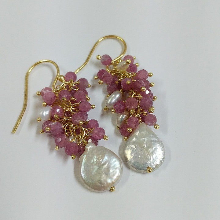 PINK TOURMALINE FRESHWATER PEARL EARRINGS GOLD PLATED STERLING SILVER