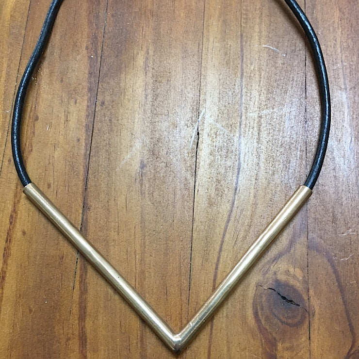 ITALIAN BRASS AND LEATHER V-NECK NECKLACE