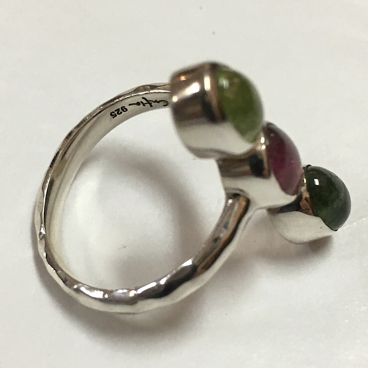 PINK AND GREEN TOURMALINE 3-STONE RING