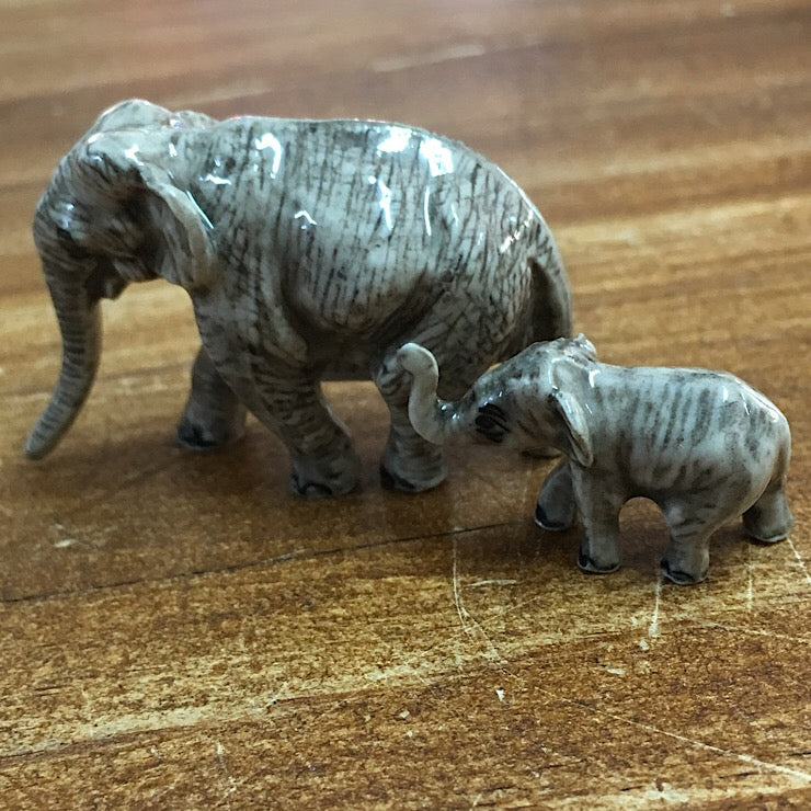 PORCELAIN FIGURINES ASIAN ELEPHANT MOTHER AND CALF