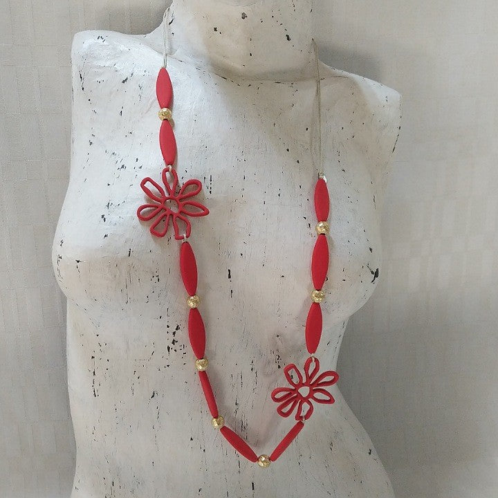 NECKLACE RED DAISY GOLD BALLS