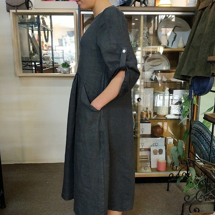 PUROLINO LINEN DRESS CHARCOAL 3/4 SLEAVE spinifexcollections PUROLINO LINEN DRESS CHARCOAL 3/4 SLEAVE spinifexcollections