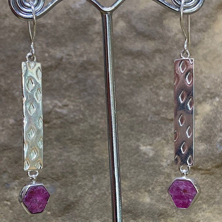 SILVER AND RUBY DROP EARRINGS