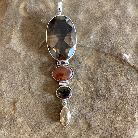 SMOKEY QUARTZ CITRINE HESSONNITE GARNET PENDANT