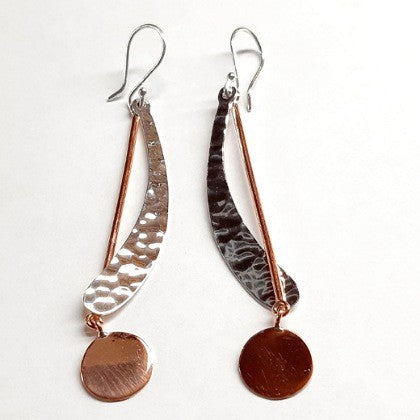 EARRINGS STERLING SILVER LONG HAMMERED COPPER DISCS