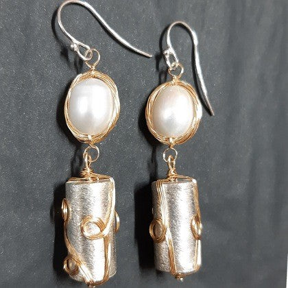 EARRINGS TRIPLE PLATED SILVER CYLINDER, PEARLS, GOLD WIRE