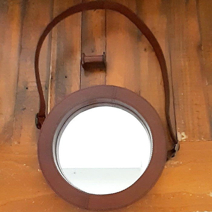 LEATHER FRAMED ROUND HANGING MIRROR