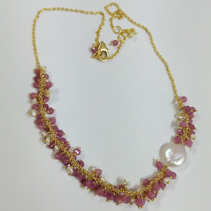 PINK TOURMALINE FRESHWATER PEARL NECKLACE GOLD PLATED STERLING SILVER