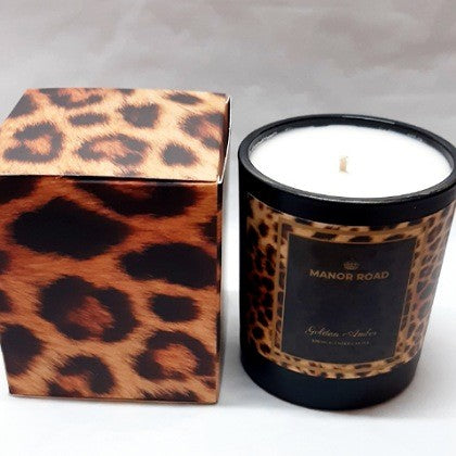 BOXED CANDLE IN BLACK GLASS JAR AMBER
