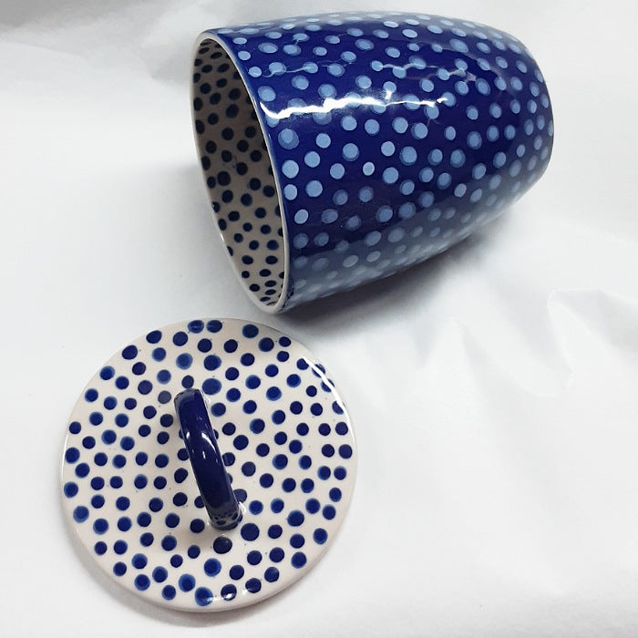 BLUE AND WHITE SPOT SUGAR BOWL WITH LID