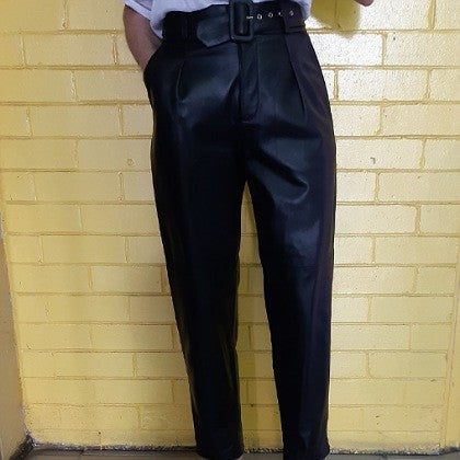 LEATHER TROUSERS BELTED HIGH WAISTED BLACK SIZE 1