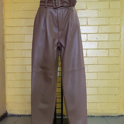 LEATHER TROUSERS BELTED HIGH WAISTED TOFFEE